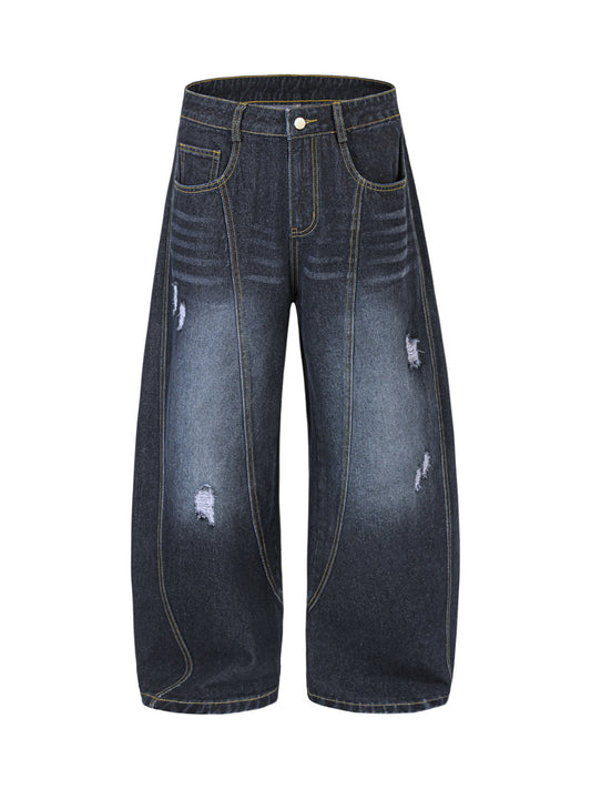 Zerrissene, verwaschene Barrel-Jeans mit Stickerei