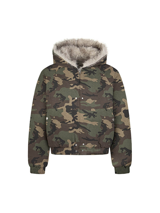 Steppjacke mit Patchwork-Pelzkapuze