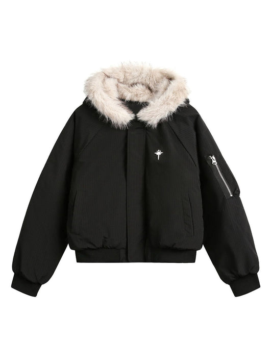 Retro-Bomberjacke aus Fleece mit Pelzkapuze