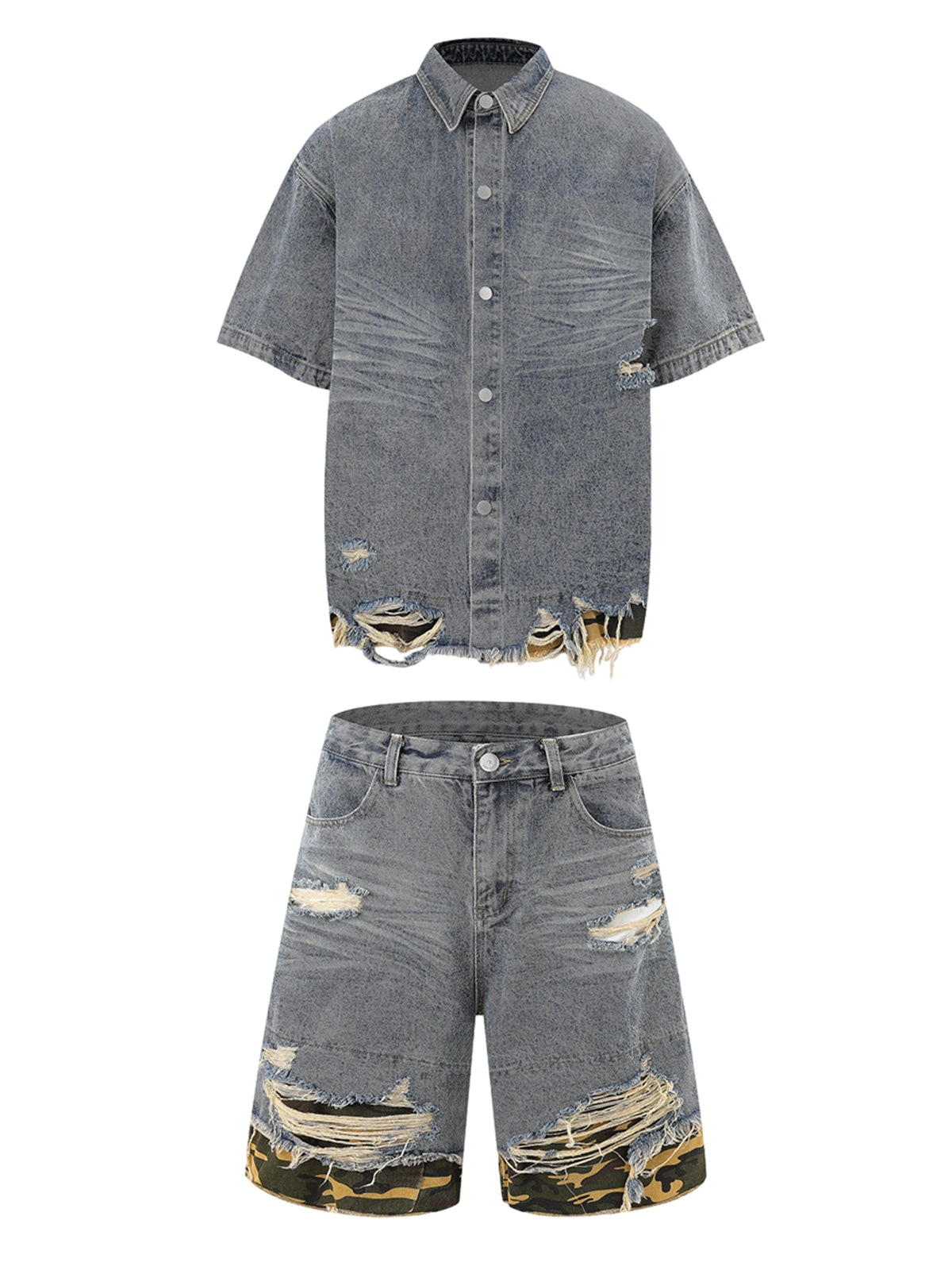 Thesupermade Patchwork Camouflage Zerrissenes Hemd Jorts Denim Anzug