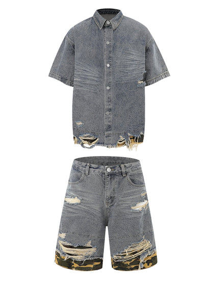 Thesupermade Patchwork Camouflage Zerrissenes Hemd Jorts Denim Anzug
