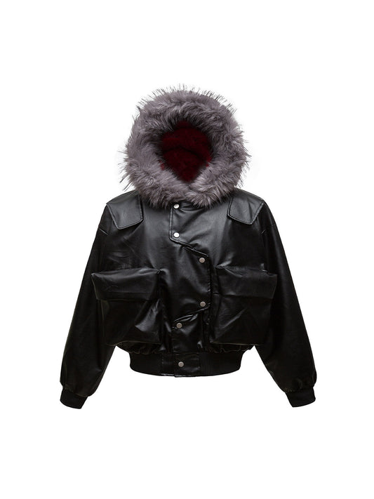 Dekonstruierte PU-Lederjacke mit mehreren Taschen und Pelzkapuze