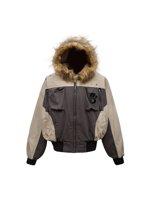 Patchwork-Kapuzenjacke mit besticktem Pelz - 2333