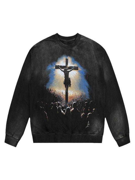 Sweatshirt mit Jesus-Kreuzigungs-Print und Waschung