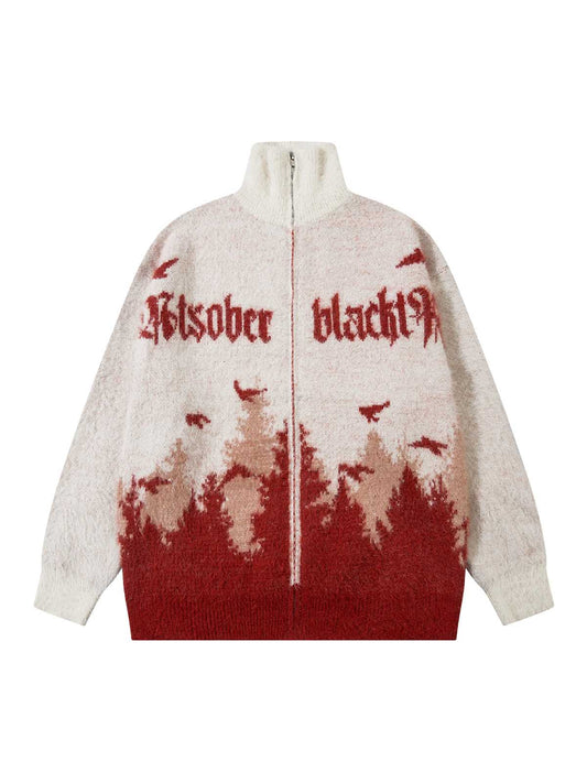 Thesupermade – Pullover mit hohem Kragen und Reißverschluss in Nerz-Kunstfell mit Waldvogel-Print