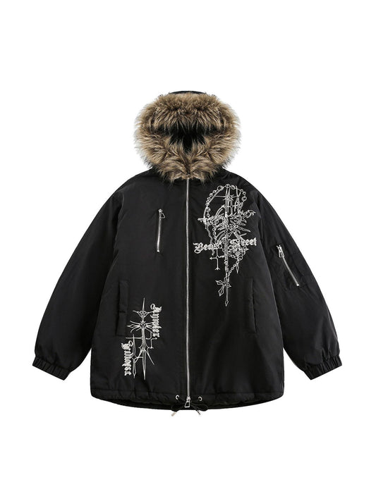 Steppjacke mit bestickter Pelzkapuze