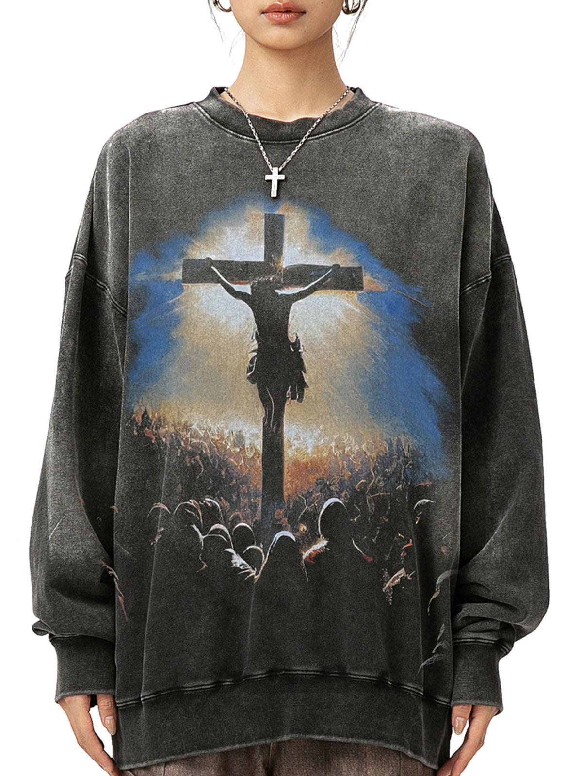 Sweatshirt mit Jesus-Kreuzigungs-Print und Waschung