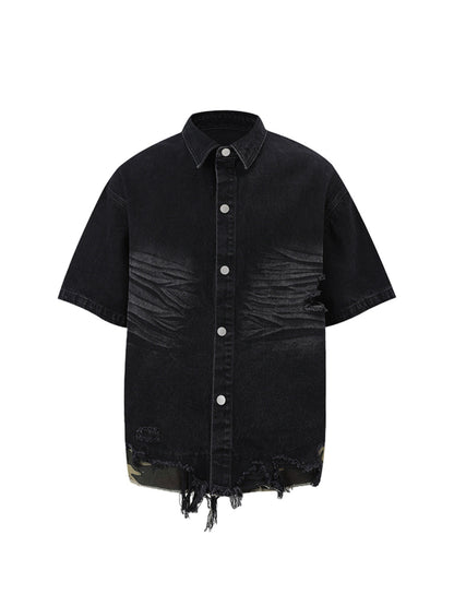 Thesupermade Patchwork Camouflage Zerrissenes Hemd Jorts Denim Anzug