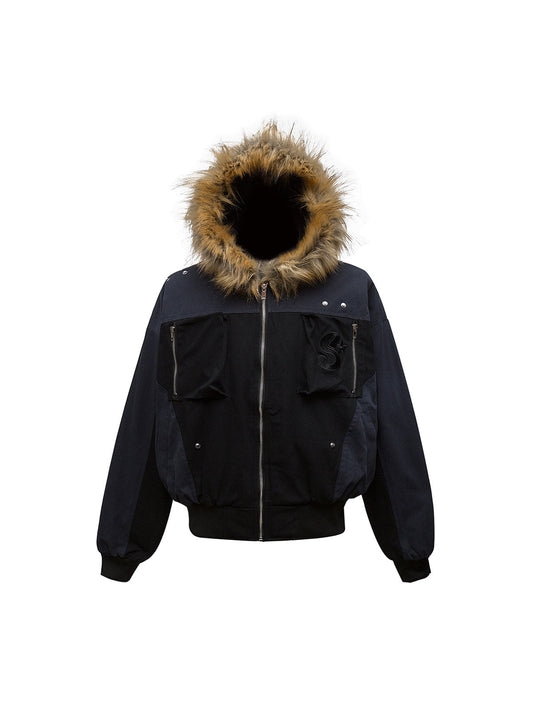 Patchwork-Kapuzenjacke mit besticktem Pelz - 2333