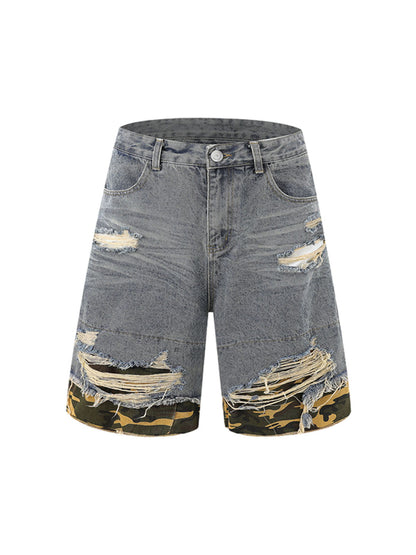 Thesupermade Patchwork Camouflage Zerrissenes Hemd Jorts Denim Anzug