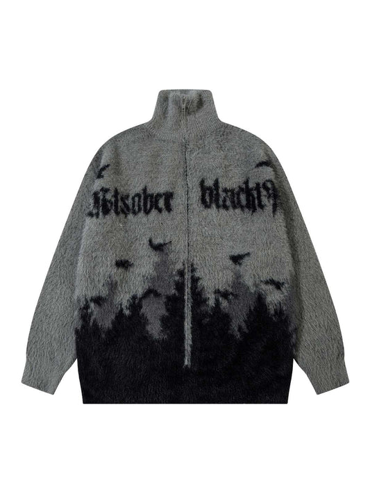 Thesupermade – Pullover mit hohem Kragen und Reißverschluss in Nerz-Kunstfell mit Waldvogel-Print