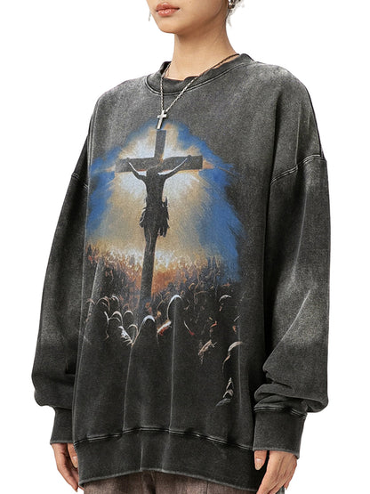 Sweatshirt mit Jesus-Kreuzigungs-Print und Waschung
