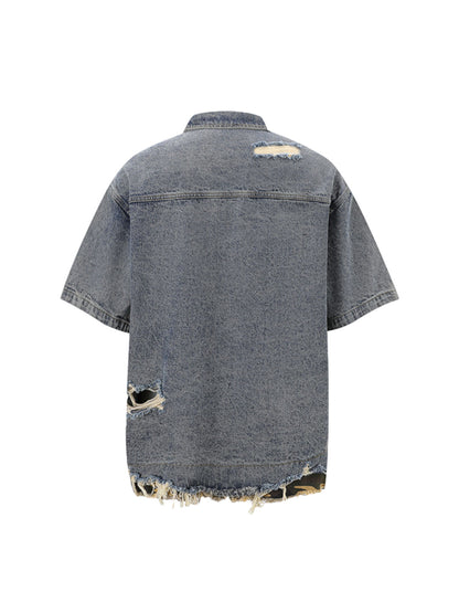 Thesupermade Patchwork Camouflage Zerrissenes Hemd Jorts Denim Anzug