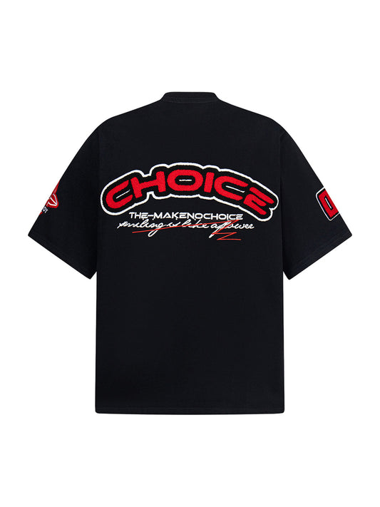 T-Shirt im Retro-Motorrad-Stil mit schwerem Patch-Stickerei