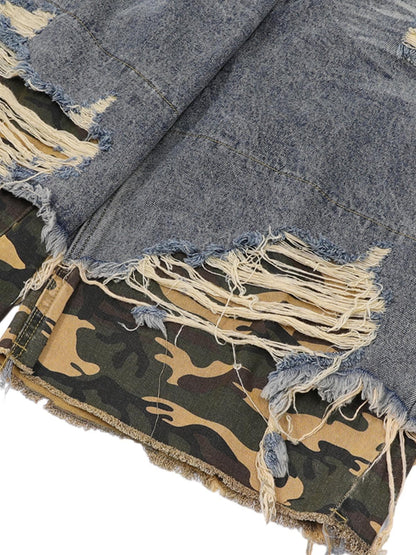 Thesupermade Patchwork Camouflage Zerrissenes Hemd Jorts Denim Anzug