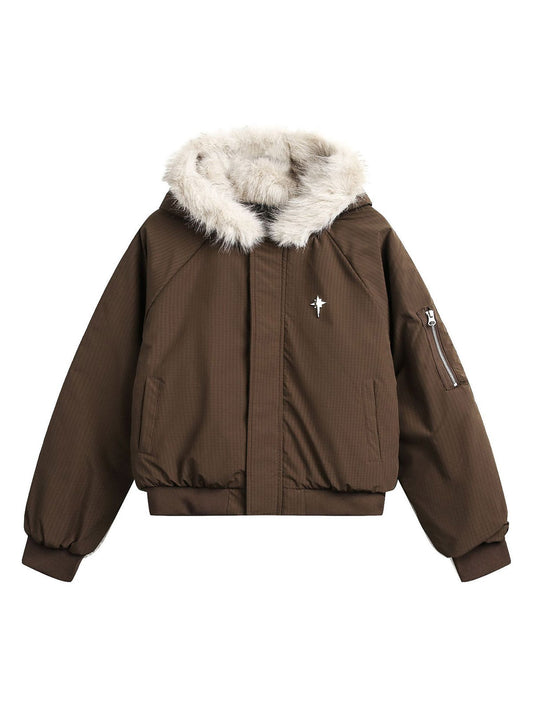 Retro-Bomberjacke aus Fleece mit Pelzkapuze