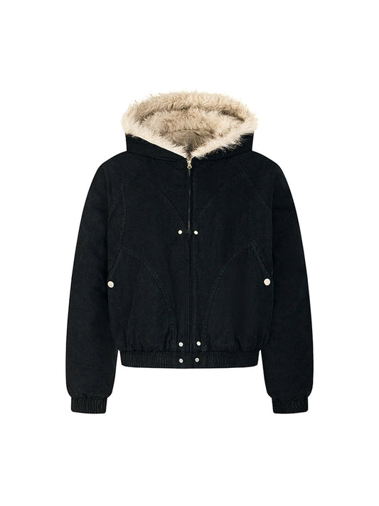 Steppjacke mit Patchwork-Pelzkapuze