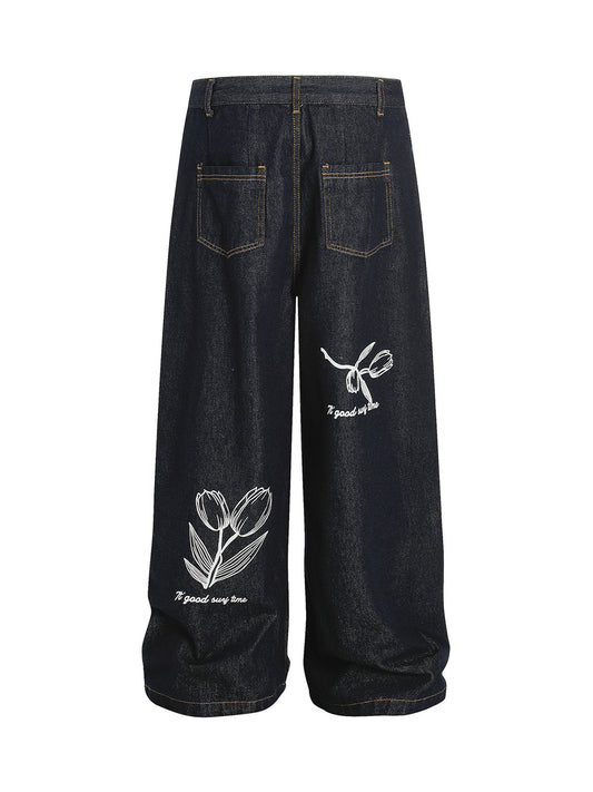 Vintage Graffiti Floral Print Jeans