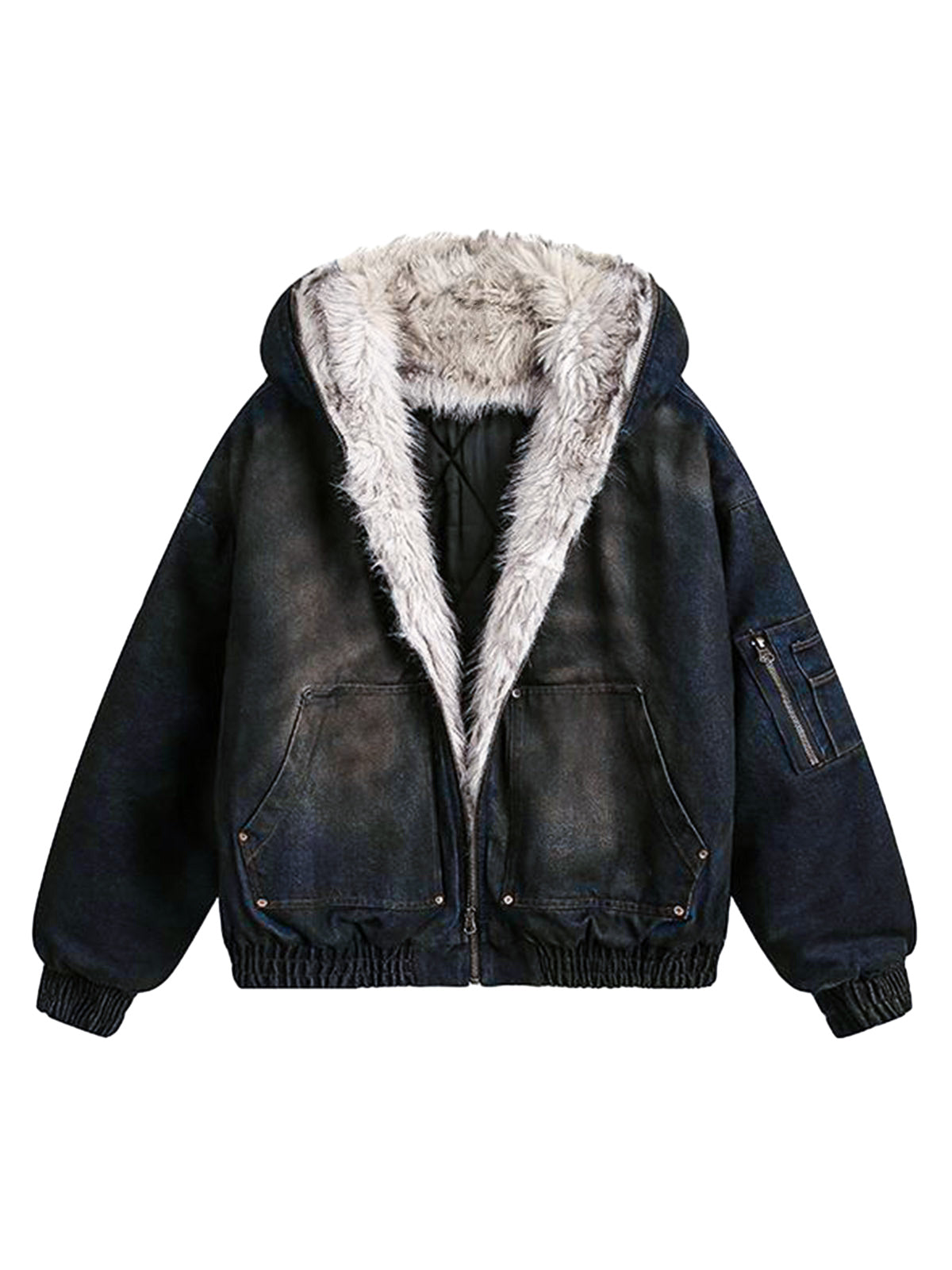 Thesupermade Washed Denim Fur Hooded Jacket