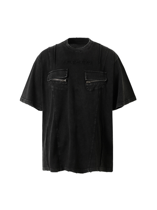 Vintage Washed T-Shirt mit mehreren Taschen