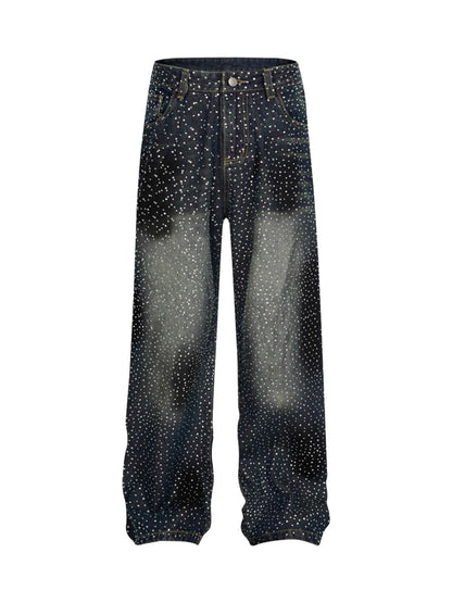 Washed Gradient Rhinestone Straight Jeans