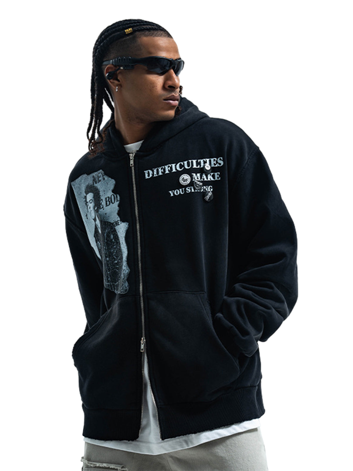 Kapuzenpullover mit verwaschenem Retro-Porträt-Print und Doppelreißverschluss