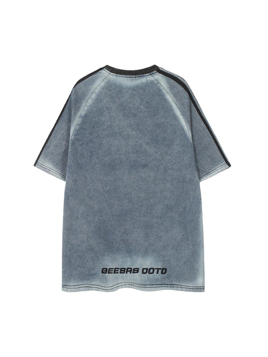 Retro Letter Embroidery Contrast Denim T-shirt