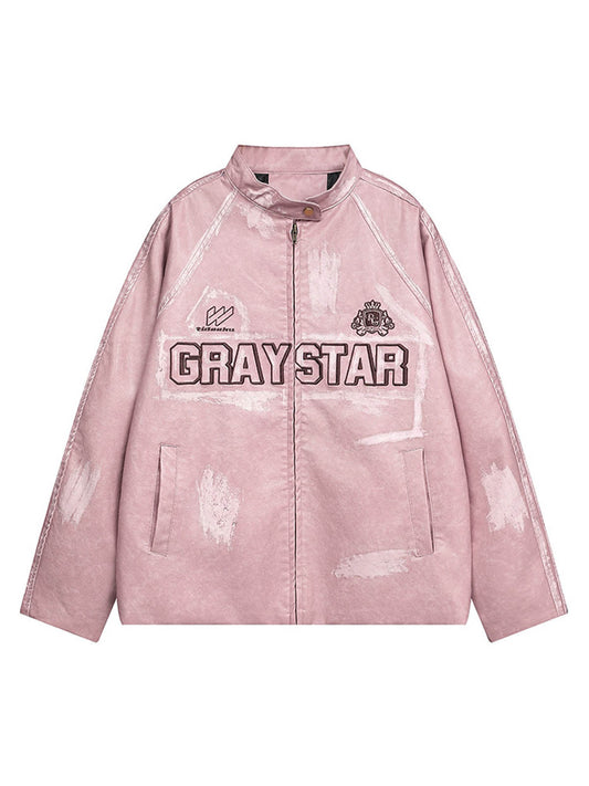 Thesupermade Distressed Letter Embroidery Motorcycle PU Leather Jacket