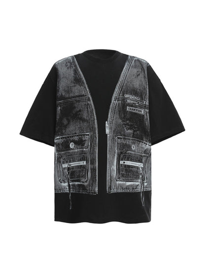 Faux Two-Piece Denim Vest Print T-Shirt