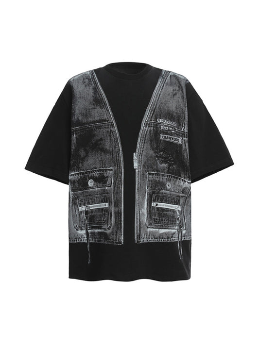Faux Two-Piece Denim Vest Print T-Shirt