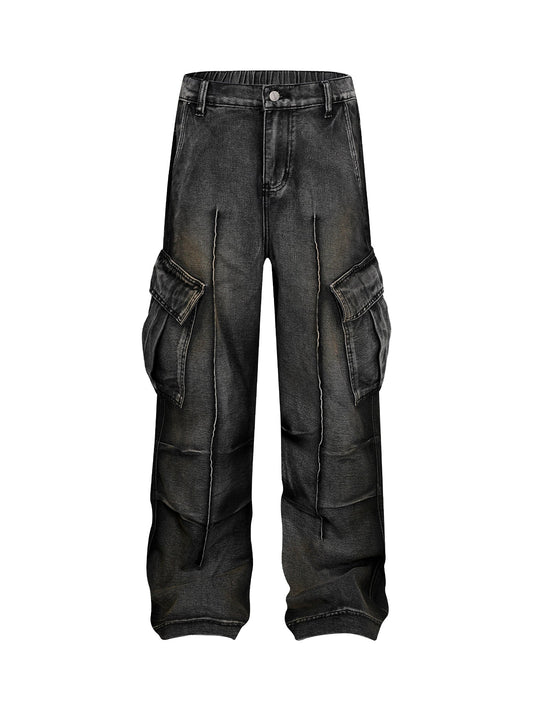 Washed Distressed Pleated Cargo Jeans