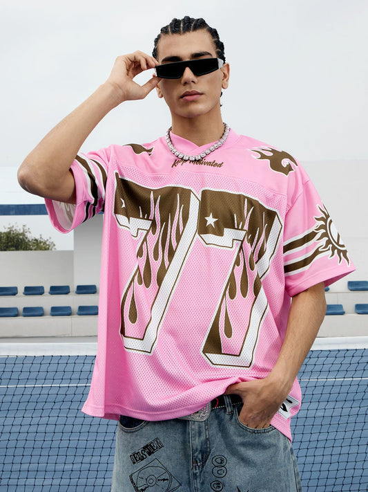 Rosa Jersey-T-Shirt mit Flammen-Print