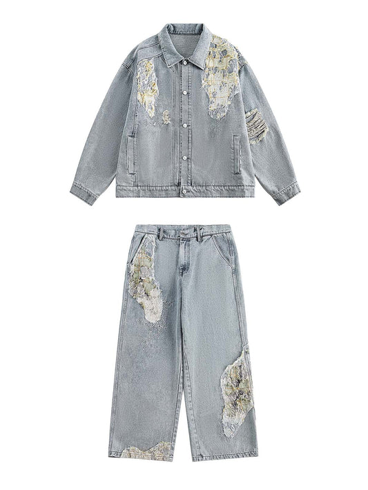 Denim-Set mit verwaschenem, zerrissenem Spitzensaum