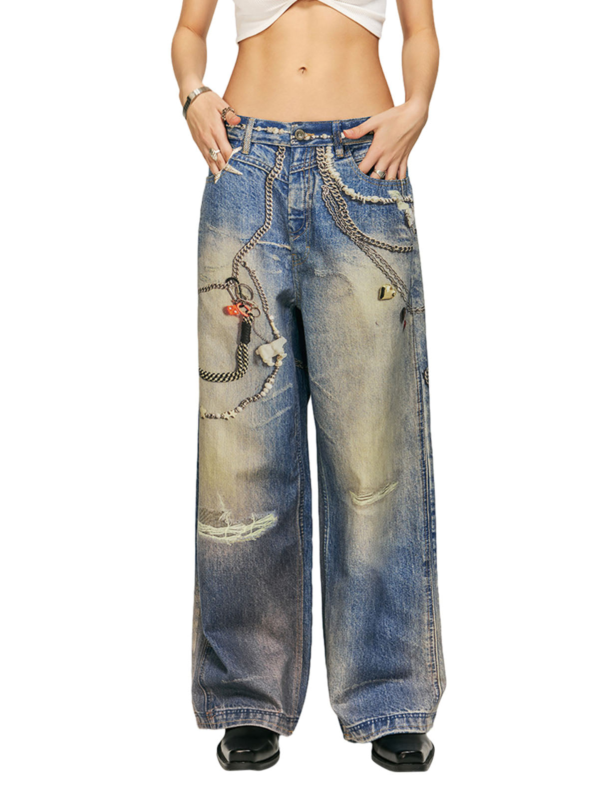 Washed Keychain Printed Baggy Jeans