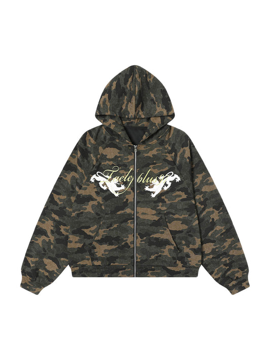 Camouflage-Cardigan mit Reißverschluss und Kapuze