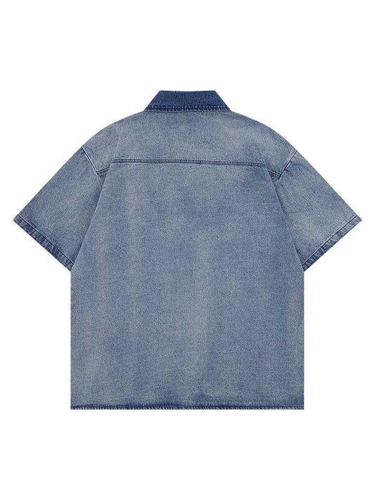 Chemise en jean à manches courtes avec broderies de lettres vintage