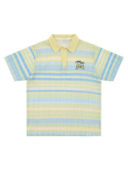 Retro Gradient Striped Hollow POLO Shirt