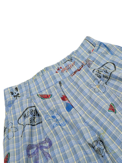 Pantalon à carreaux amusant à imprimés floraux et fruités