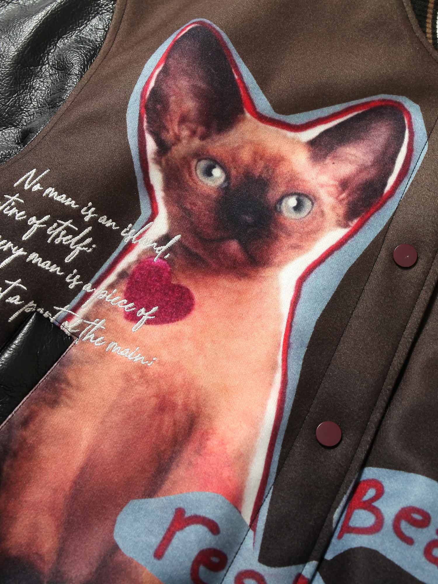 Thesupermade Siamese Cat Embroidery Leather Bomber Jacket - 2217