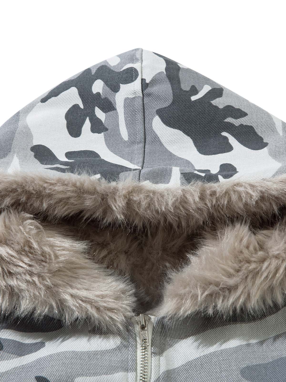 Camouflage Patchwork Fur Hooded Jacket Tracksuit