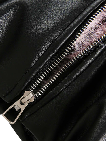 Gesteppte Lederjacke mit rosa Fellkapuze