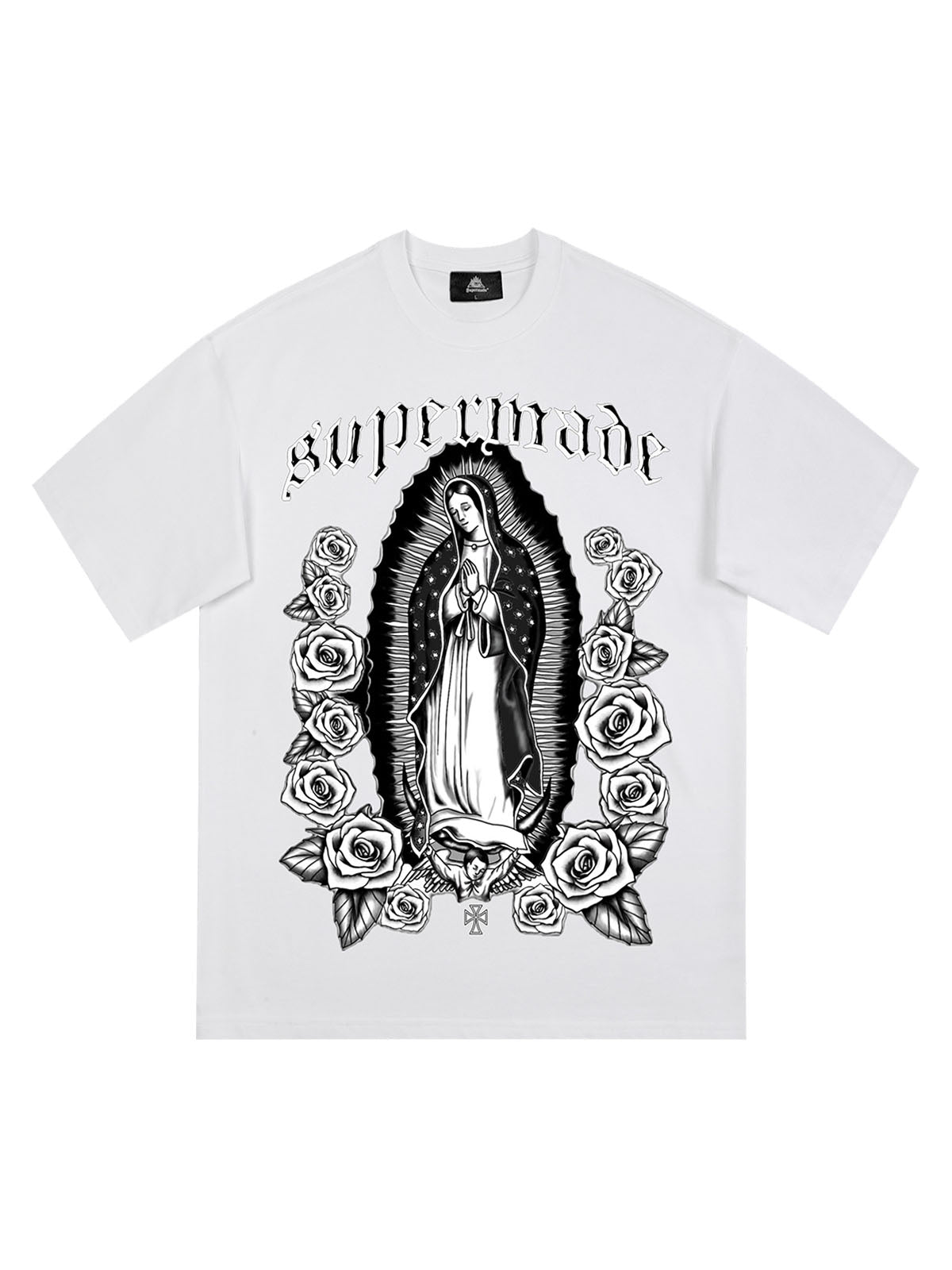 Original Retro Gothic Virgin Mary Floral Print T-Shirt