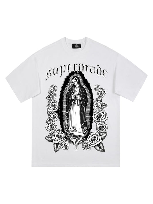 Original Retro Gothic Virgin Mary Floral Print T-Shirt