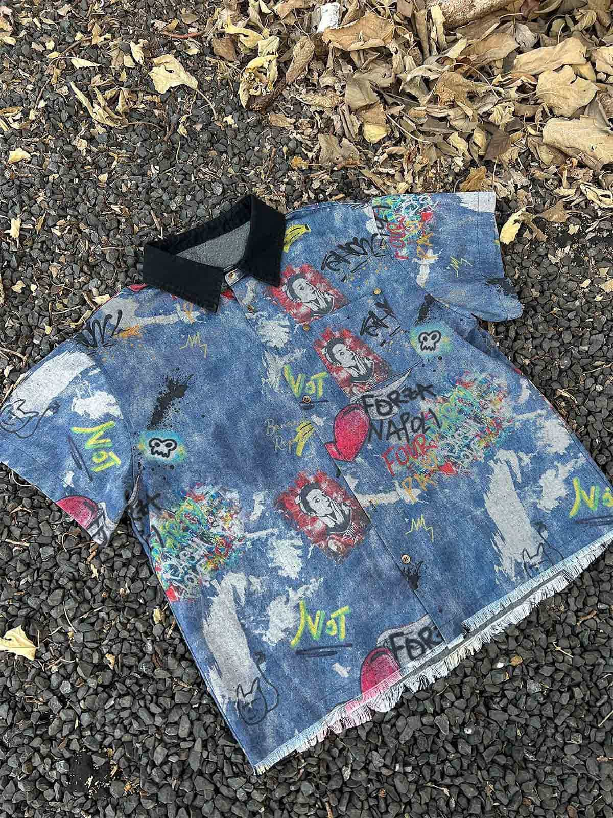 Tie-Dye Denim Graffiti Polo T-Shirt