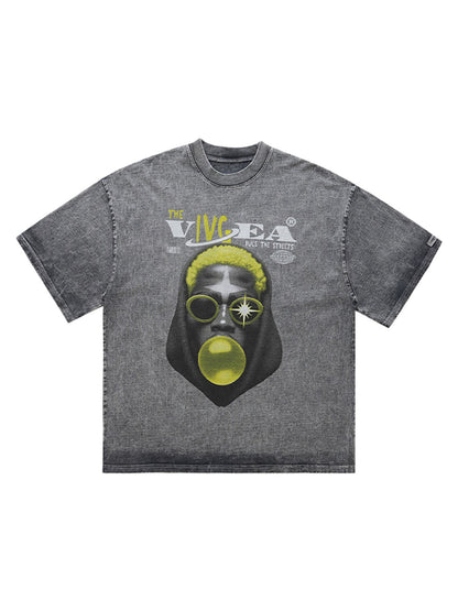 Street Retro Washed Creative Print T-shirt