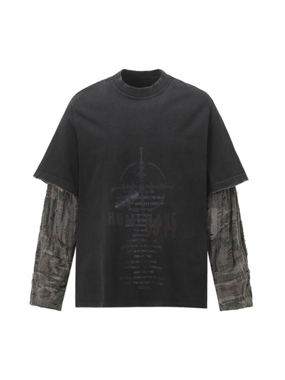 Ripped Faux Two-Piece Crew Neck T-Shirt