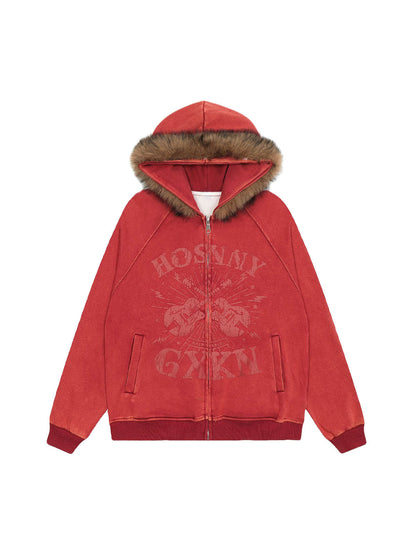 Sweat à capuche zippé avec col en fourrure lavée