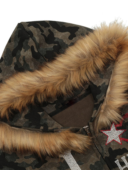 Veste polaire à capuche camouflage avec strass Hotfix - 2357