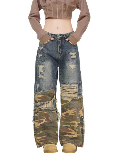 Distressed Camouflage Patchwork Jeans