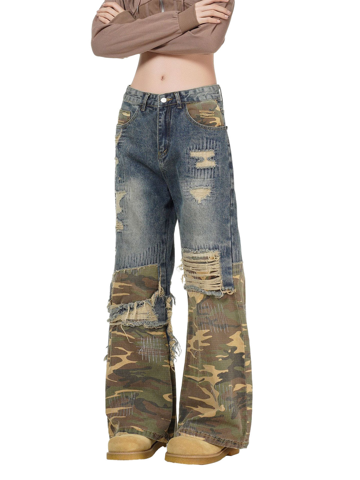Distressed Camouflage Patchwork Jeans